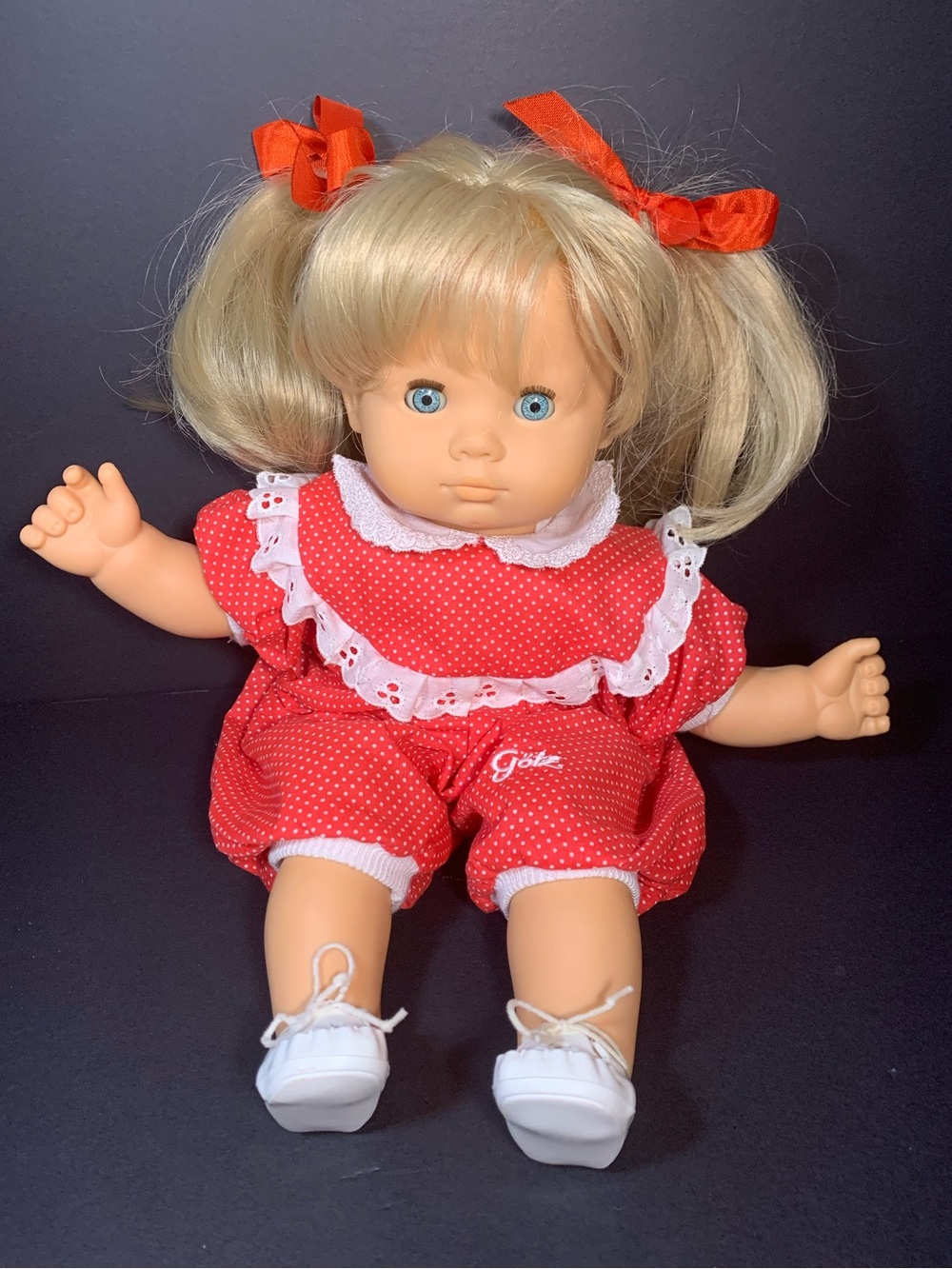 Gotz Doll Blonde Hair Blue Eye Baby Girl Doll w/ Red Outfit 14” Doll Germany